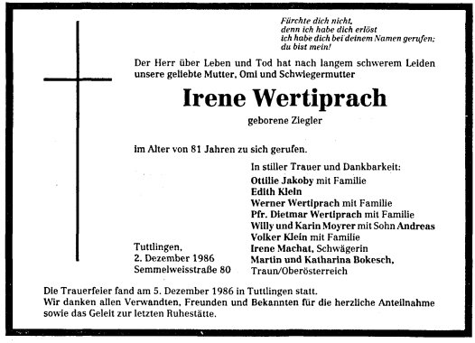 Ziegler Irene 1905-1986 Todesanzeige